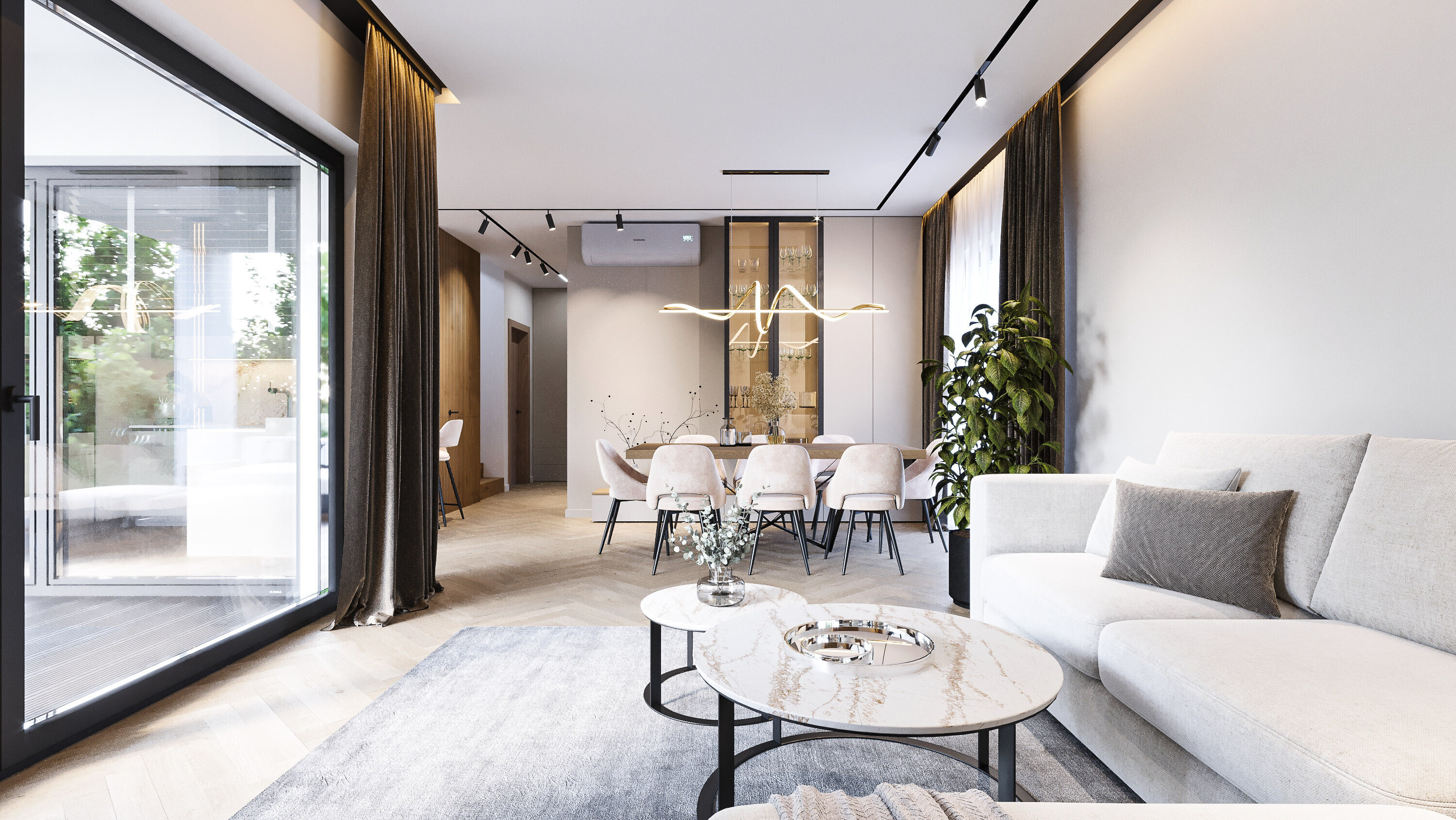 Minimalistyczny salon – projektowanie wnętrz Chorzów Salon w minimalistycznym stylu z nowoczesnymi meblami, naturalnym oświetleniem i stonowaną kolorystyką – projekt wnętrz w Chorzowie