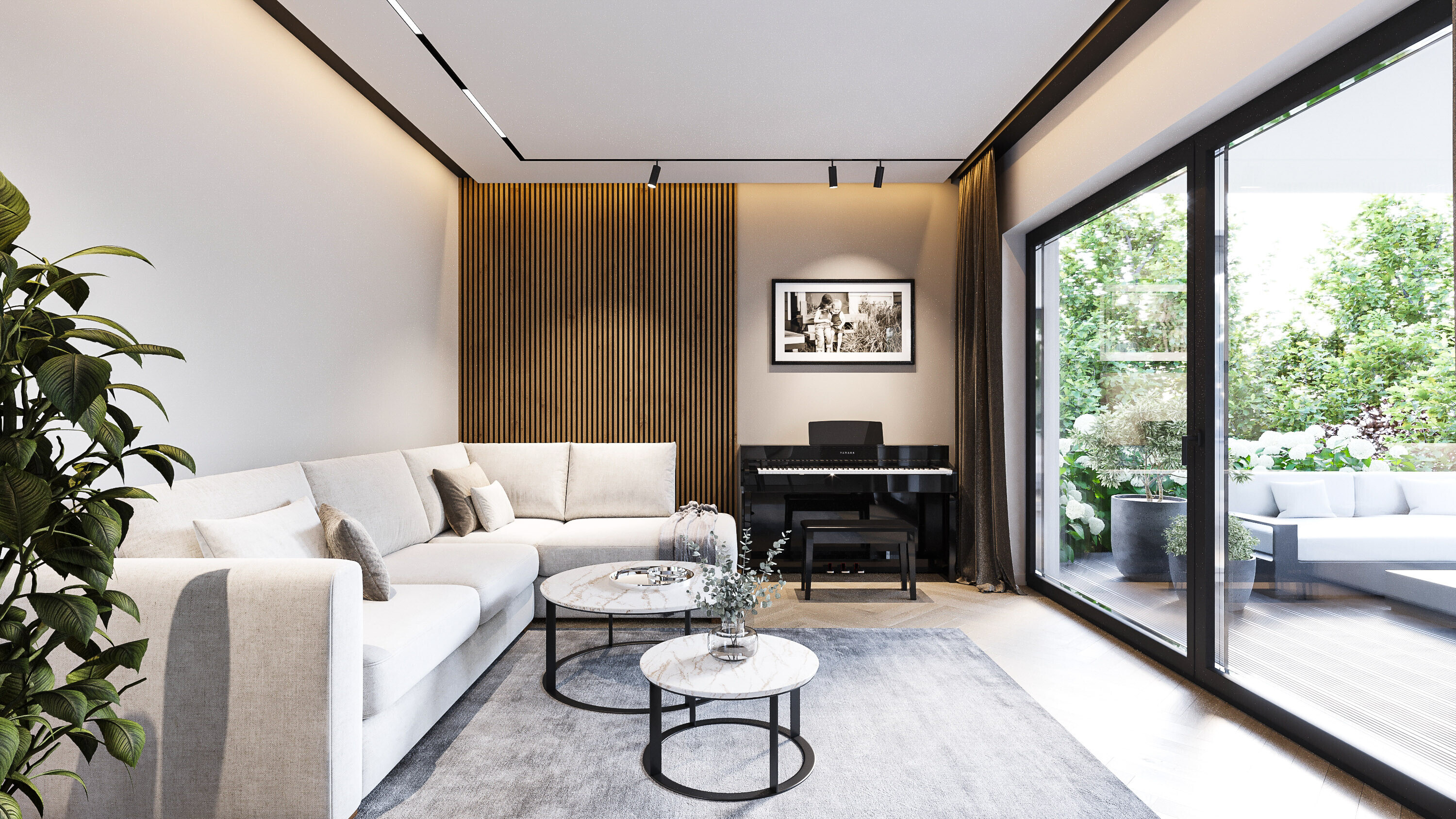 Salon z jadalnią w mieszkaniu w Chorzowie - FILAR MY PROJECT Jasna sofa i stolik kawowy w salonie połączonym z jadalnią, z dużymi przeszkleniami i drewnianymi akcentami. Chorzów, projekt FILAR MY PROJECT.