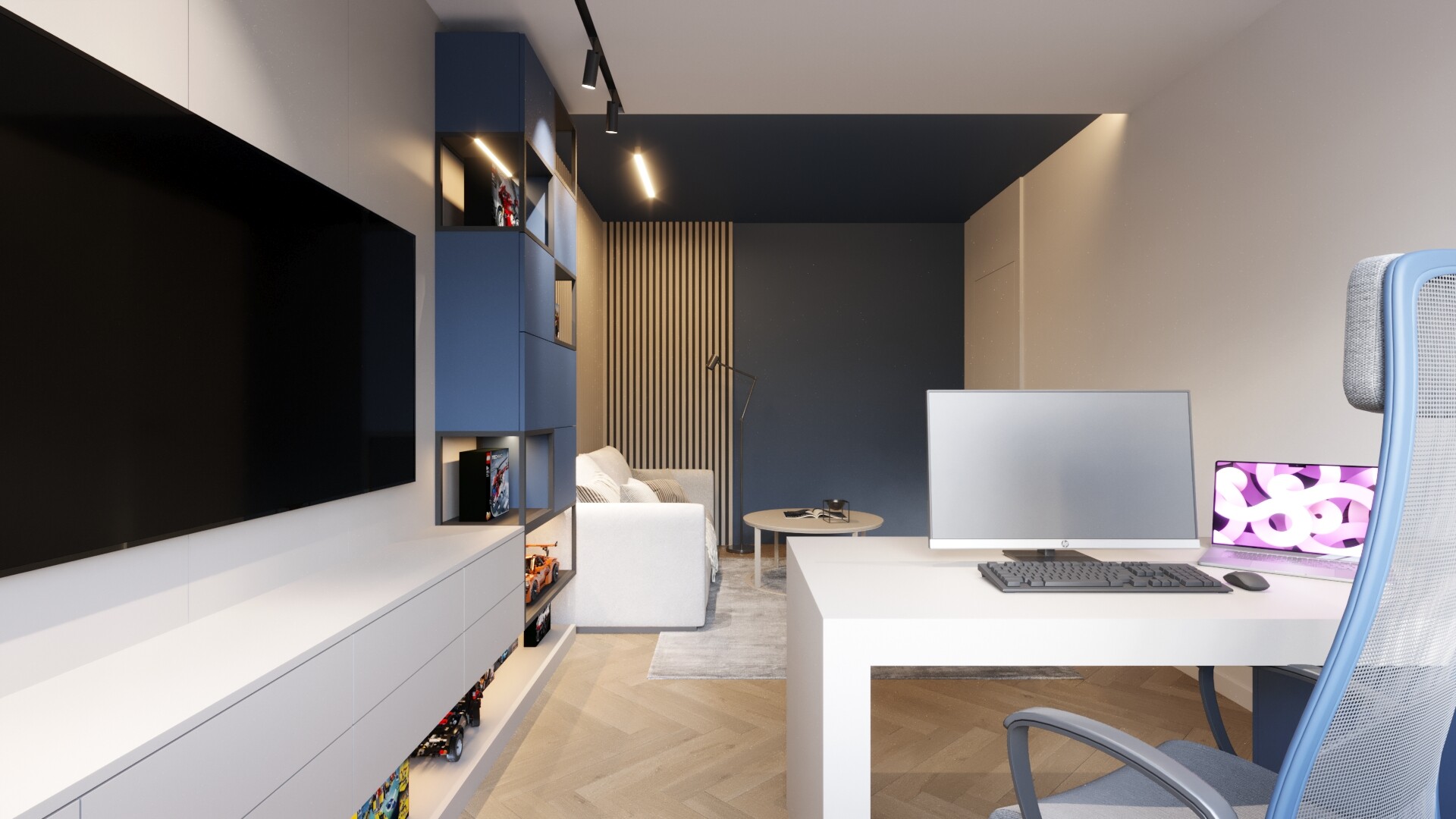 Stylowy gabinet z biurkiem, rozkładaną sofą i kolekcją modeli LEGO Gabinet w kolorach kaszmiru i ciemnego granatu z biurkiem, rozkładaną sofą i półkami na kolekcję modeli LEGO.