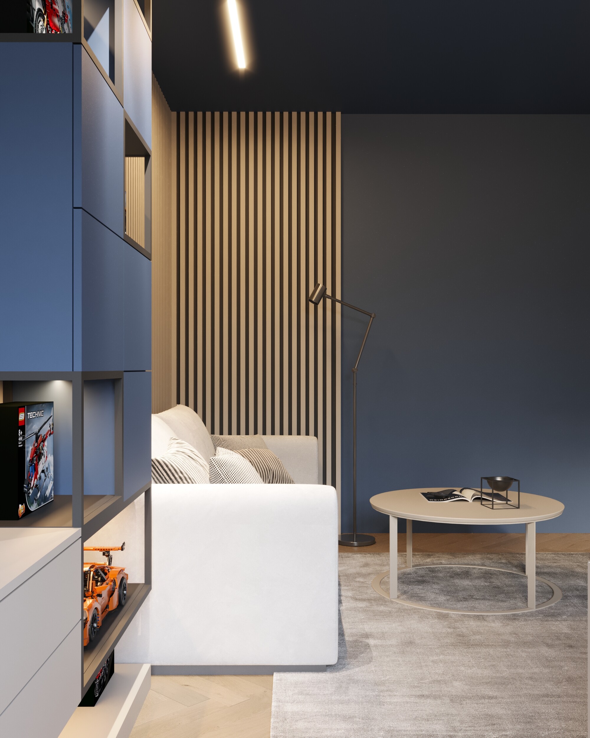 Stylowy gabinet z biurkiem, rozkładaną sofą i kolekcją modeli LEGO Gabinet w kolorach kaszmiru i ciemnego granatu z biurkiem, rozkładaną sofą i półkami na kolekcję modeli LEGO.