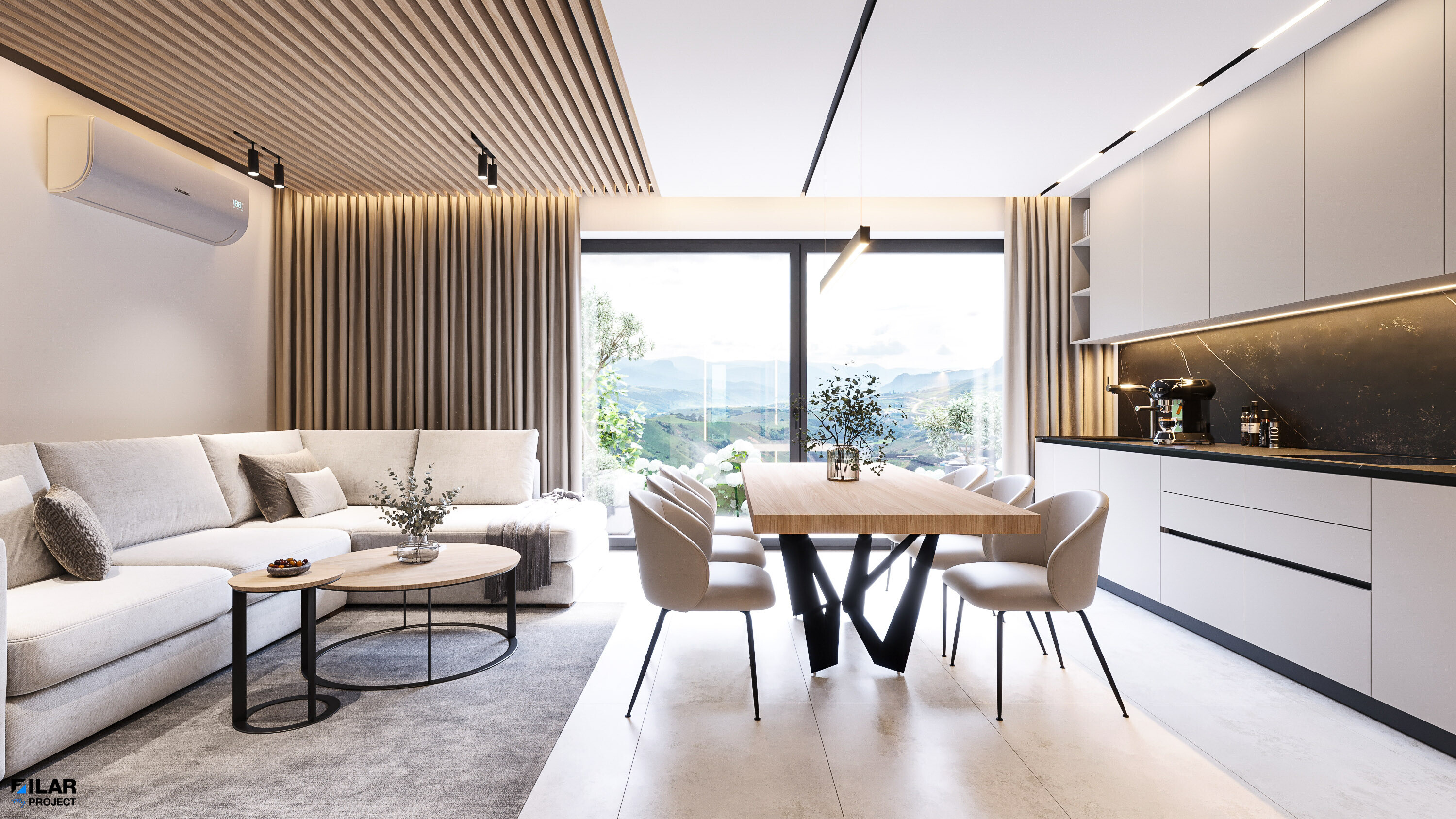 Luksusowy salon w apartamencie Krynica Zdrój – Projekt wnętrz z nowoczesnym designem Luksusowy salon z przestronnymi oknami i panoramicznym widokiem w Krynica Zdrój – Projekt wnętrz