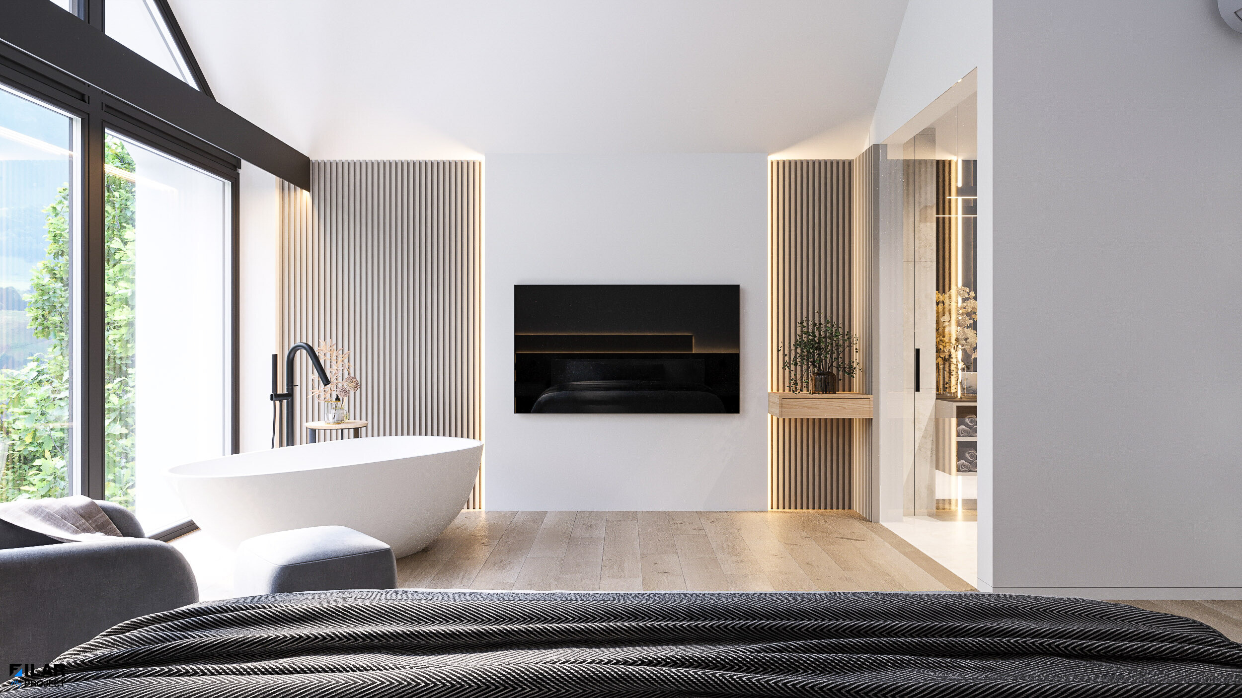 Elegancka sypialnia z wanną w Krynica Zdrój – Luksusowe projekty wnętrz Stylowa sypialnia z wanną w luksusowym apartamencie Krynica Zdrój – Projekt wnętrz