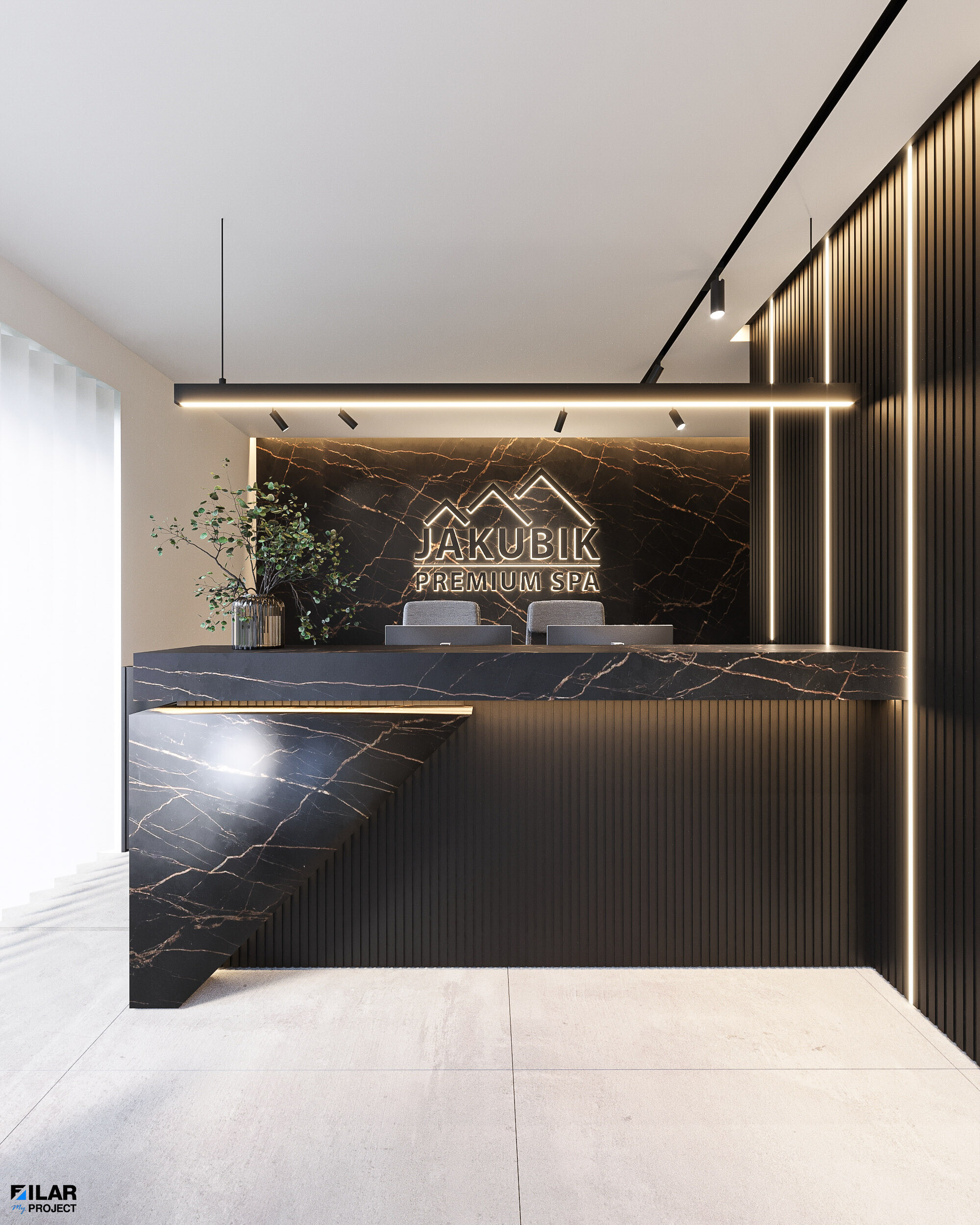 Nowoczesna recepcja z ladą Dekton Laurent – Projekt wnętrz Krynica Zdrój Nowoczesna recepcja z ladą Dekton Laurent w apartamencie Krynica Zdrój – Projekt wnętrz