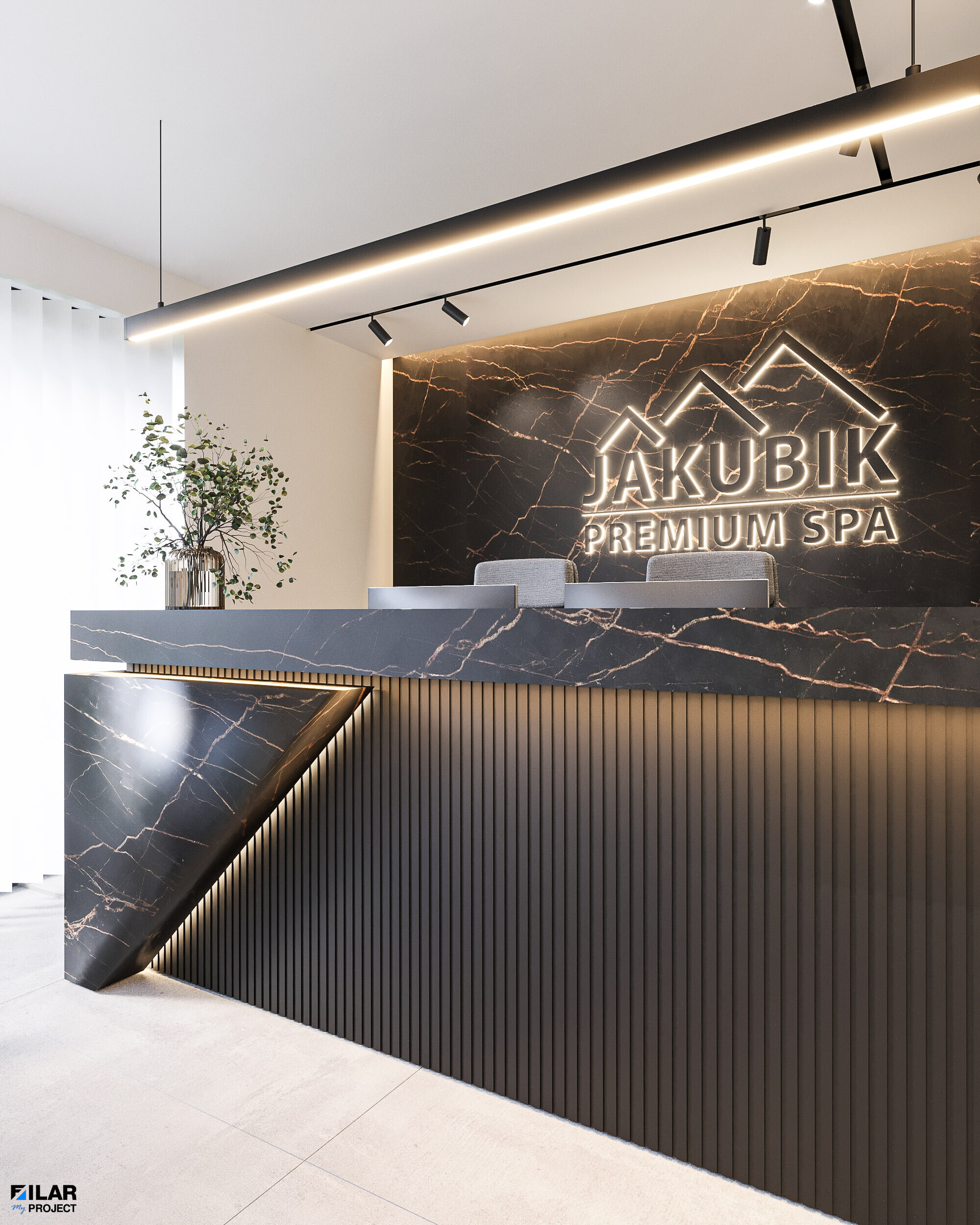 Elegancka recepcja w luksusowym apartamencie Krynica Zdrój – Projekt wnętrz Elegancka recepcja z minimalistycznym designem i ladą Dekton Laurent – Projekt wnętrz Krynica Zdrój