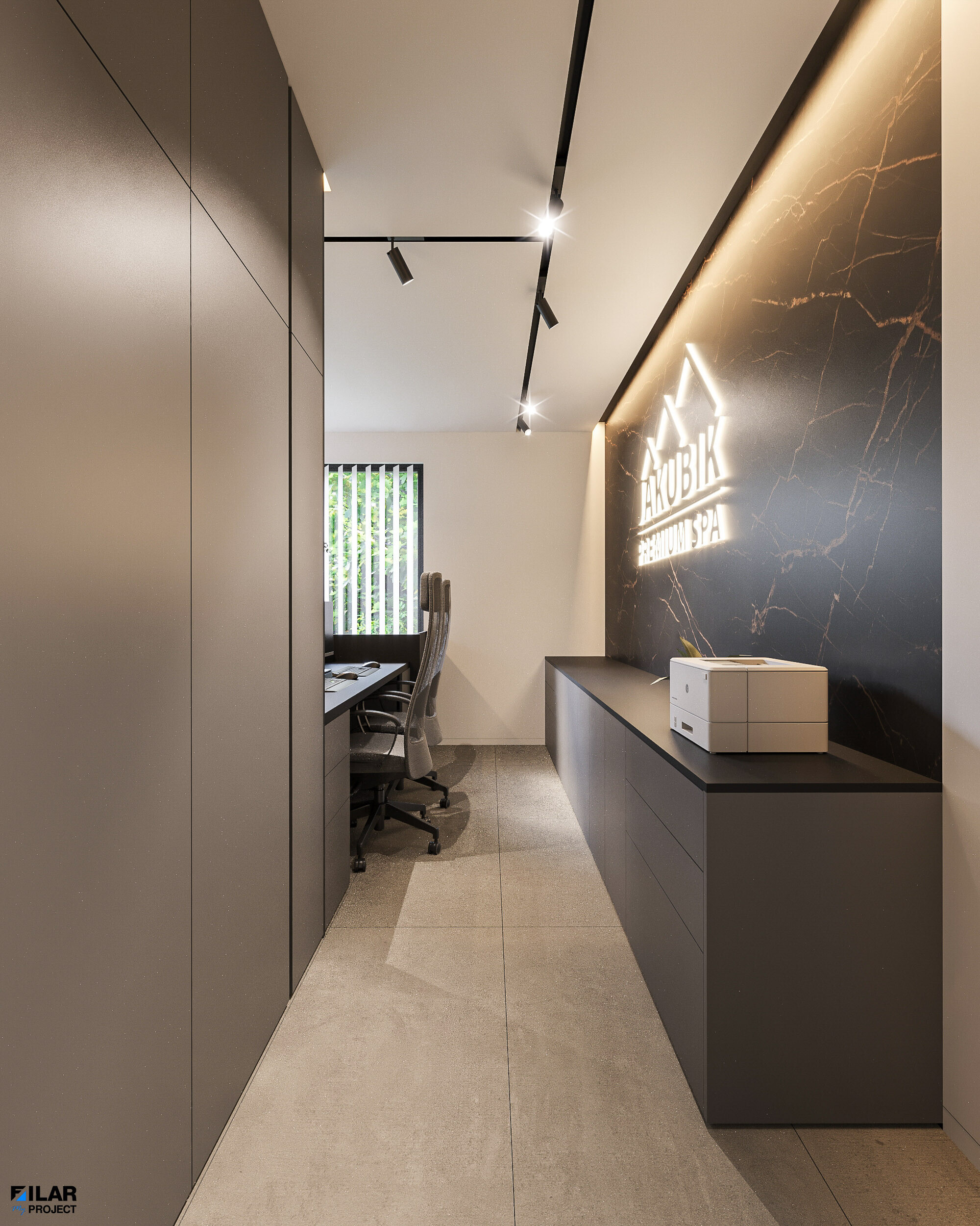 Recepcja w nowoczesnym stylu z ladą Dekton Laurent – Projekt wnętrz Krynica Zdrój Stylowa recepcja z ladą Dekton Laurent w nowoczesnym apartamencie Krynica Zdrój – Projekt wnętrz