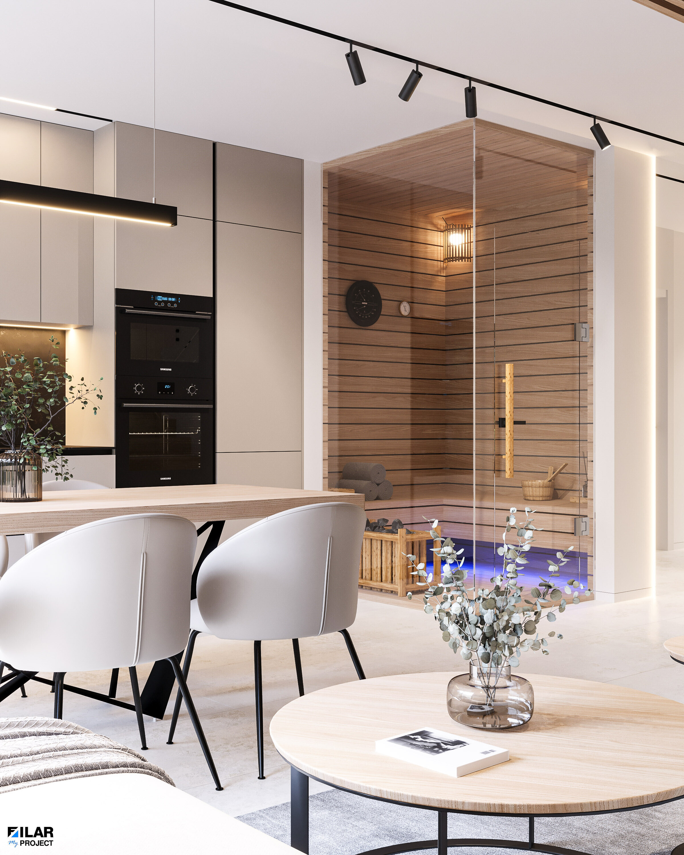 Luksusowa sauna w apartamencie w Krynicy Zdrój – Nowoczesne wnętrza z widokiem Nowoczesna sauna z widokiem na góry w luksusowym apartamencie Krynica Zdrój – Projekt wnętrz