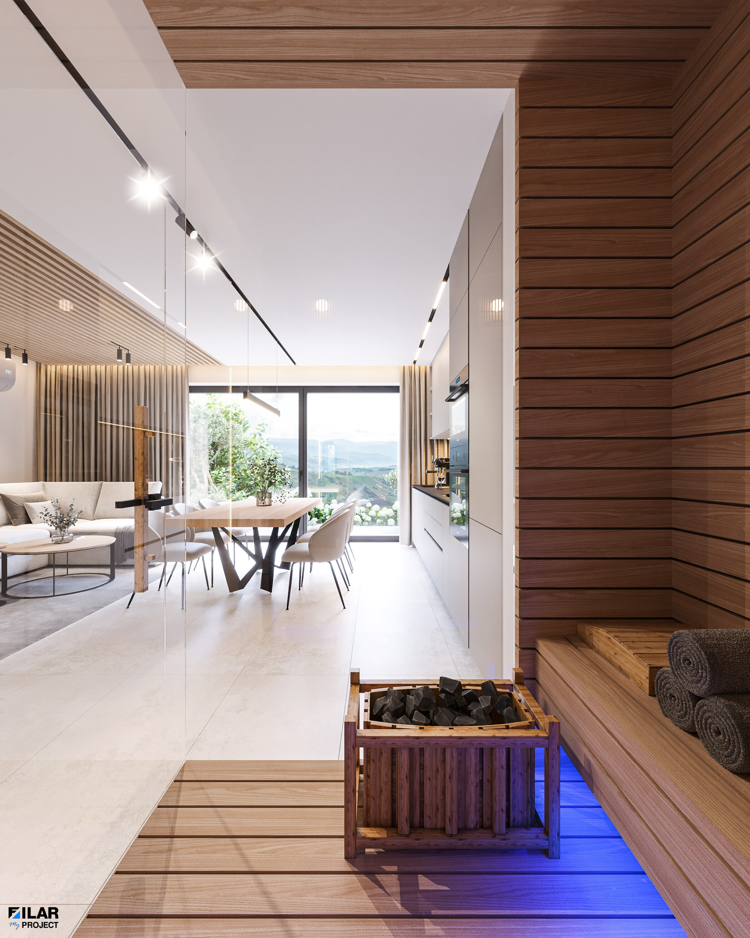 Nowoczesna sauna z widokiem na góry – Projekt wnętrz Krynica Zdrój Przeszklona sauna z eleganckim wystrojem i widokiem na Krynicę Zdrój – Projekt wnętrz Krynica Zdrój