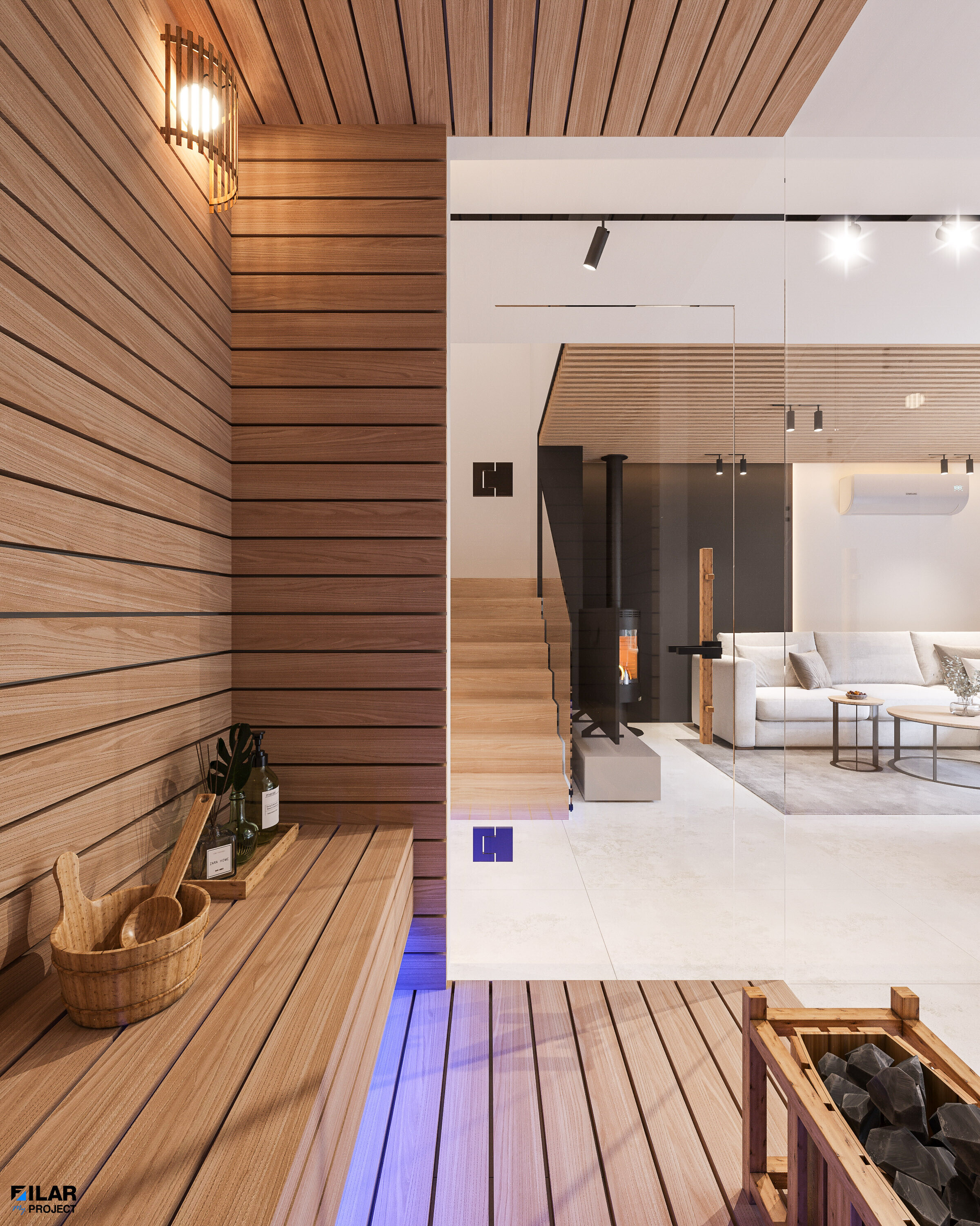 Przeszklona sauna w luksusowym apartamencie Krynica Zdrój – Projekt wnętrz Luksusowa sauna otwarta na salon z panoramicznym widokiem – Projekt wnętrz Krynica Zdrój