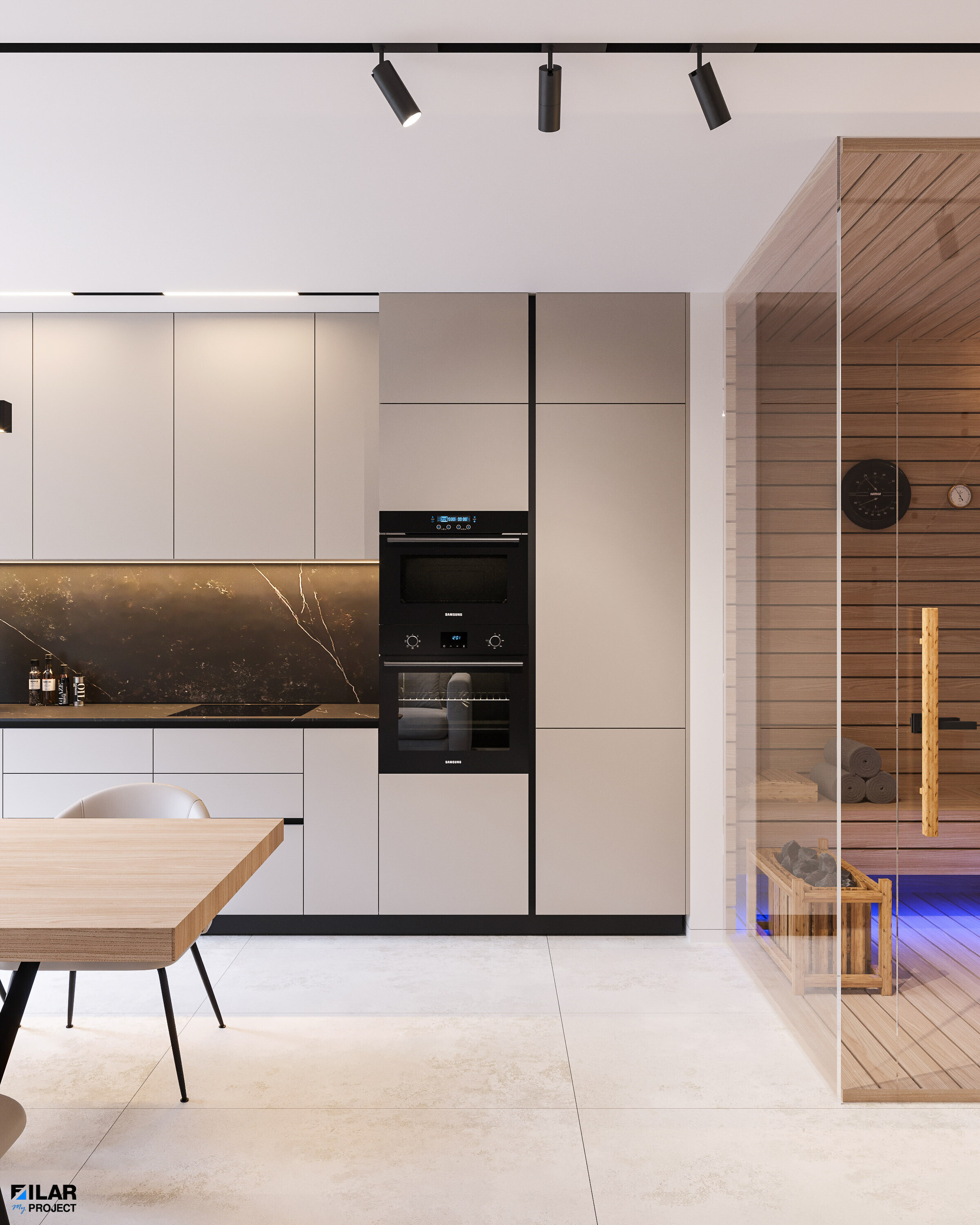 Nowoczesna kuchnia i luksusowa sauna z widokiem – Projekt wnętrz Krynica Zdrój Nowoczesna kuchnia i luksusowa sauna z widokiem w apartamencie Krynica Zdrój – Projekt wnętrz