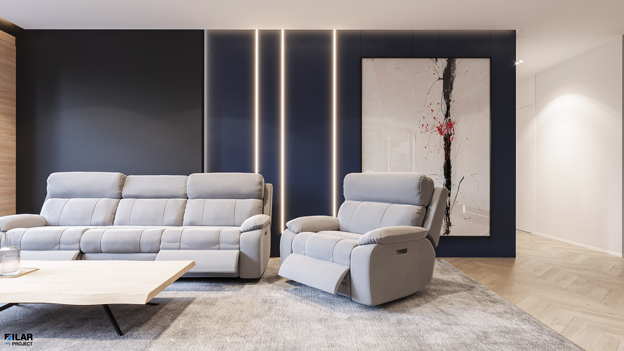 Salon z dużym obrazem i jasną sofą w Zamościu - FILAR MY PROJECT Jasna sofa, fotel i duży obraz na ciemnej ścianie w salonie domu w Zamościu, projekt FILAR MY PROJECT.