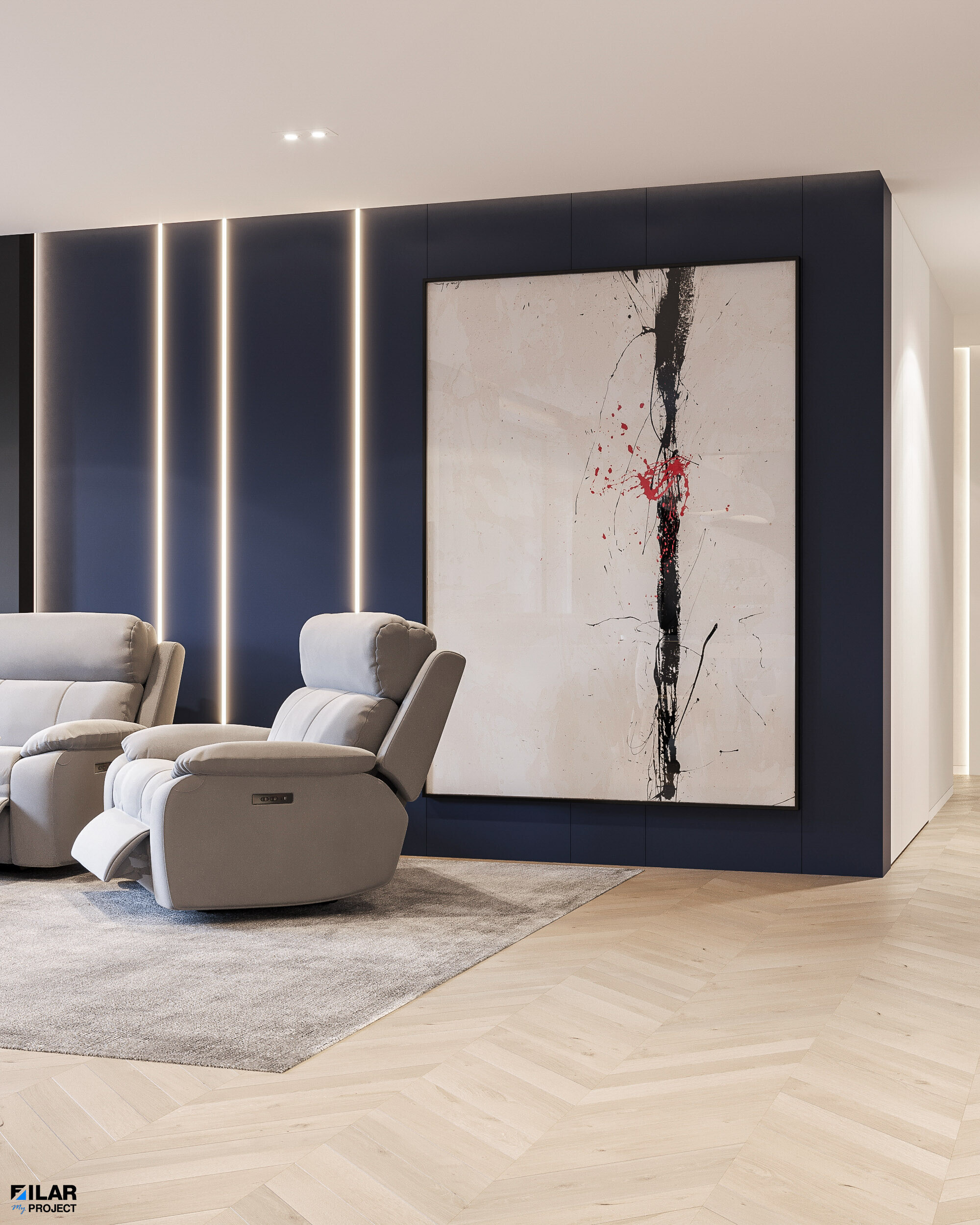 Salon z dekoracyjną ścianą w Zamościu - FILAR MY PROJECT Fotel i duży obraz na ciemnej ścianie z pionowymi detalami w salonie w Zamościu, projekt FILAR MY PROJECT.