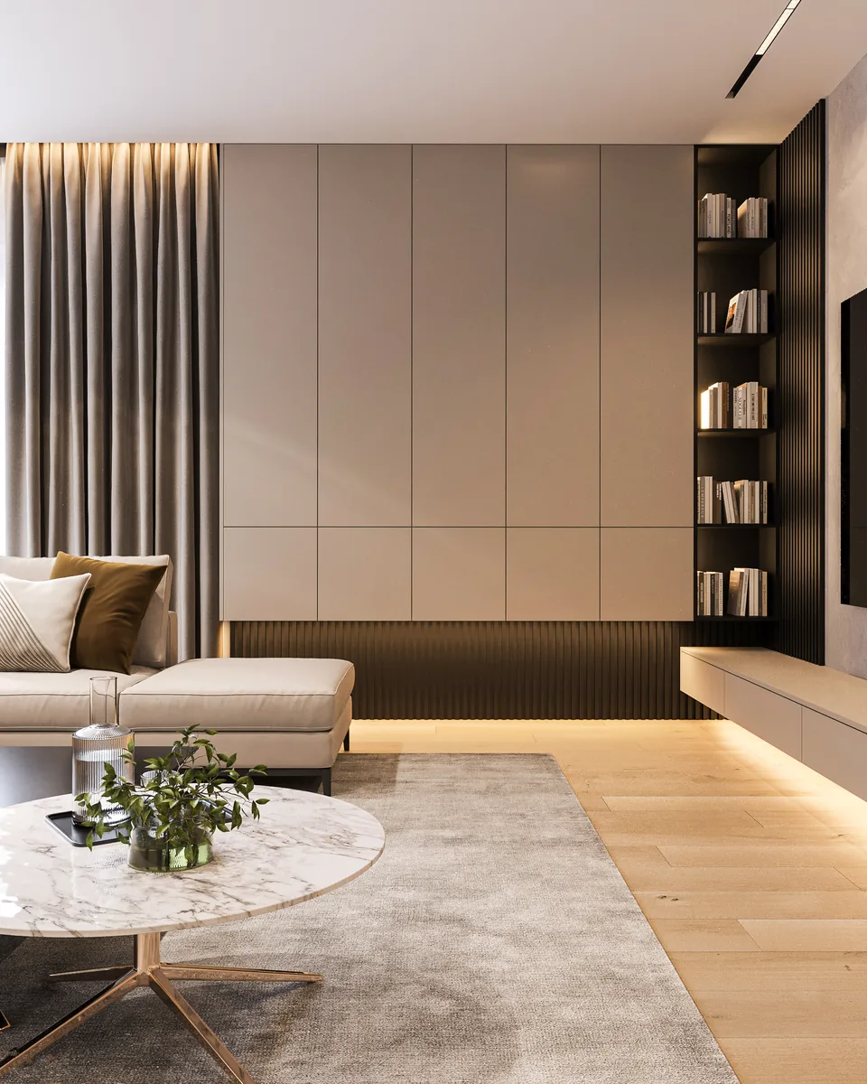 Salon z jasną zabudową, regałami i okrągłym stolikiem kawowym. Projekt wnętrza domu, Bydgoszcz | FILAR MY PROJECT