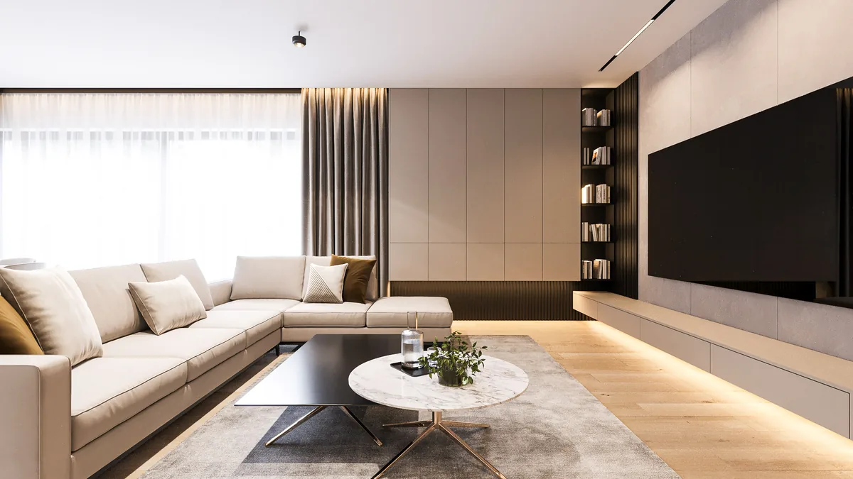 Salon z narożną sofą, zabudową RTV i regałami. Projekt wnętrza domu, Bydgoszcz | FILAR MY PROJECT