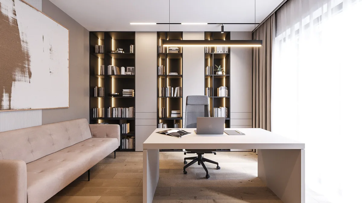 Gabinet z biurkiem, kanapą i biblioteczką. Projekt wnętrza domu, Bydgoszcz | FILAR MY PROJECT