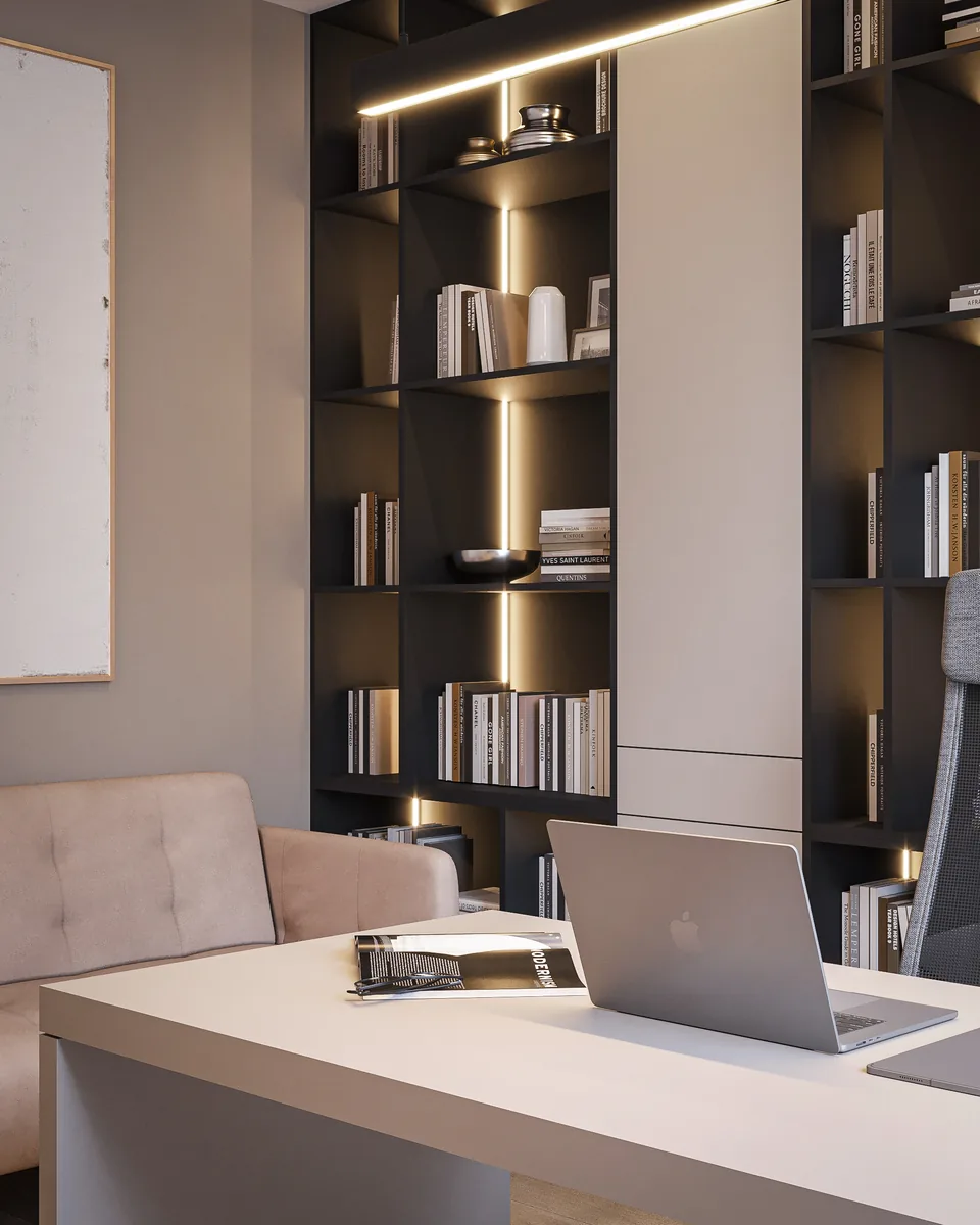 Gabinet z podświetlaną biblioteczką i jasnym biurkiem. Projekt wnętrza domu, Bydgoszcz | FILAR MY PROJECT