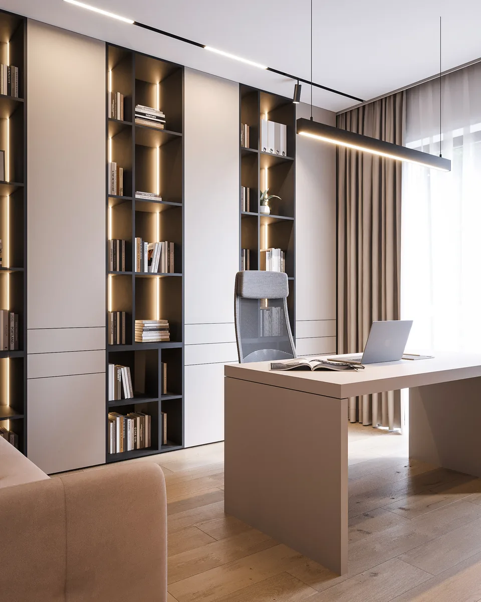 Gabinet z wysoką biblioteczką, biurkiem i zasłonami. Projekt wnętrza domu, Bydgoszcz | FILAR MY PROJECT
