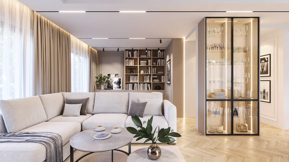 Salon z narożną sofą, szklaną witryną i regałem. Projekt wnętrza domu szeregowego, Kraków | FILAR MY PROJECT
