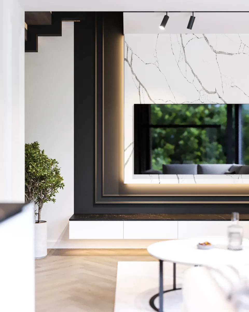 Salon ze ścianą TV ze spiekiem Dekton Aura i podświetleniem. Projekt wnętrza domu szeregowego, Kraków | FILAR MY PROJECT
