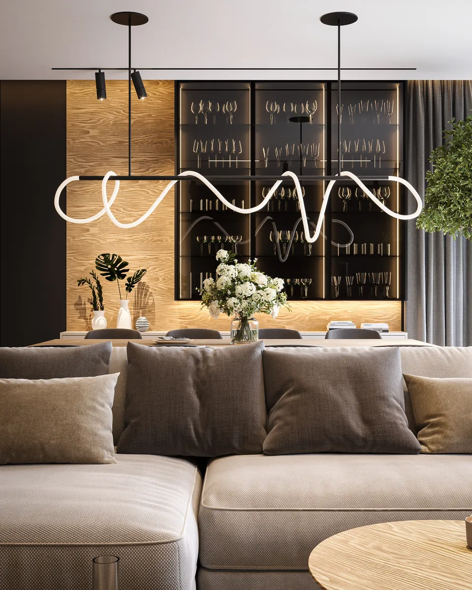 Narożna sofa i witryna z lampą liniową. Projekt wnętrza domu, Lublin | FILAR MY PROJECT