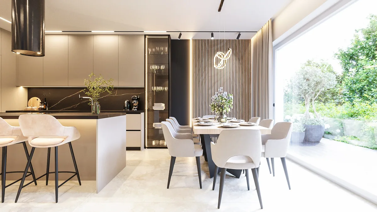 Kuchnia z wyspą, hokerami i jadalnią z widokiem na ogród. Projekt wnętrza domu, Raszyn | FILAR MY PROJECT