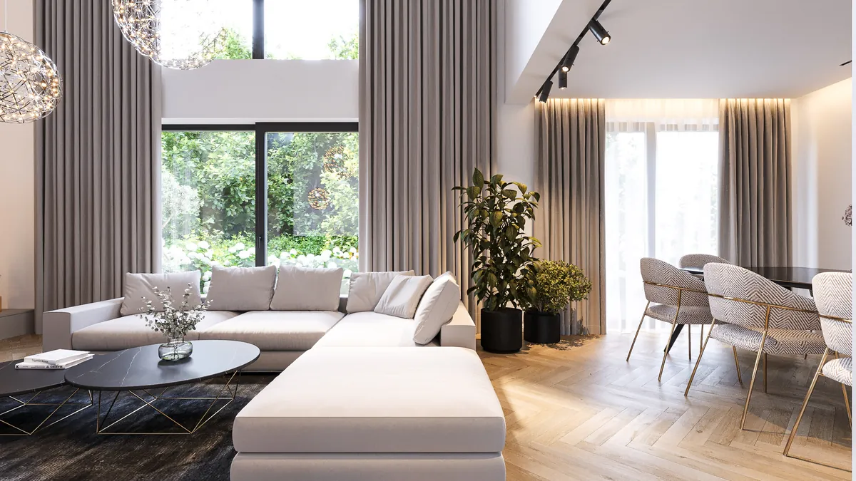 Salon z narożną sofą i jadalnią w tle. Projekt wnętrza domu, Warszawa | FILAR MY PROJECT