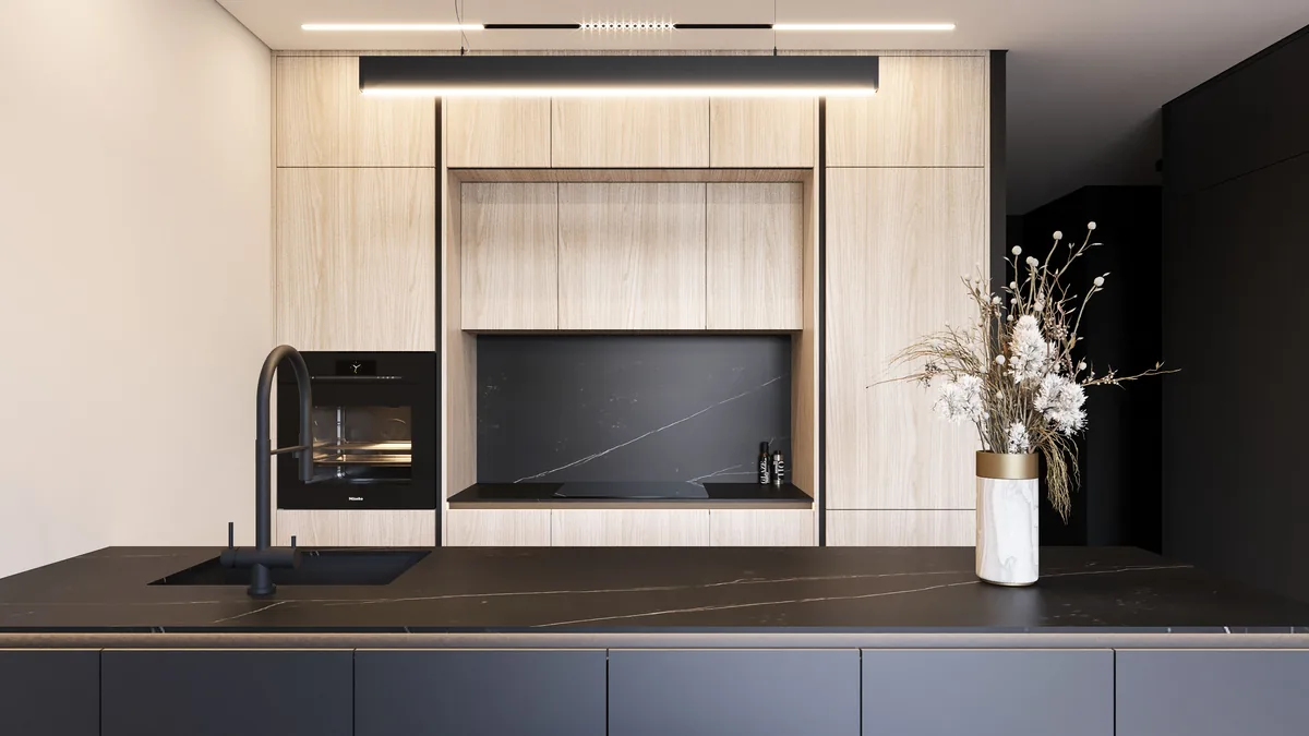 Kuchnia z piekarnikiem w zabudowie i blatem ze spieku Dekton. Projekt wnętrza mieszkania, Warszawa | FILAR MY PROJECT
