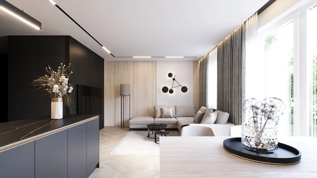 Salon z narożną sofą, zasłonami i czarną zabudową. Projekt wnętrza mieszkania, Warszawa | FILAR MY PROJECT