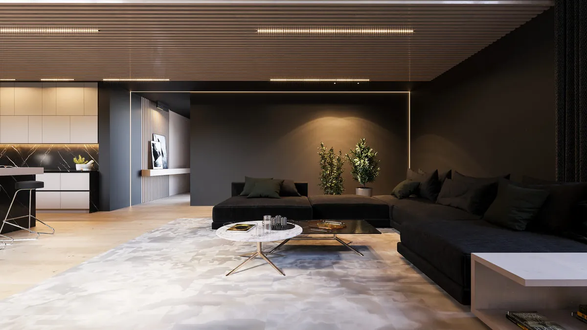 Salon z narożnikiem i antresolą. Projekt wnętrza domu, Warszawa | FILAR MY PROJECT