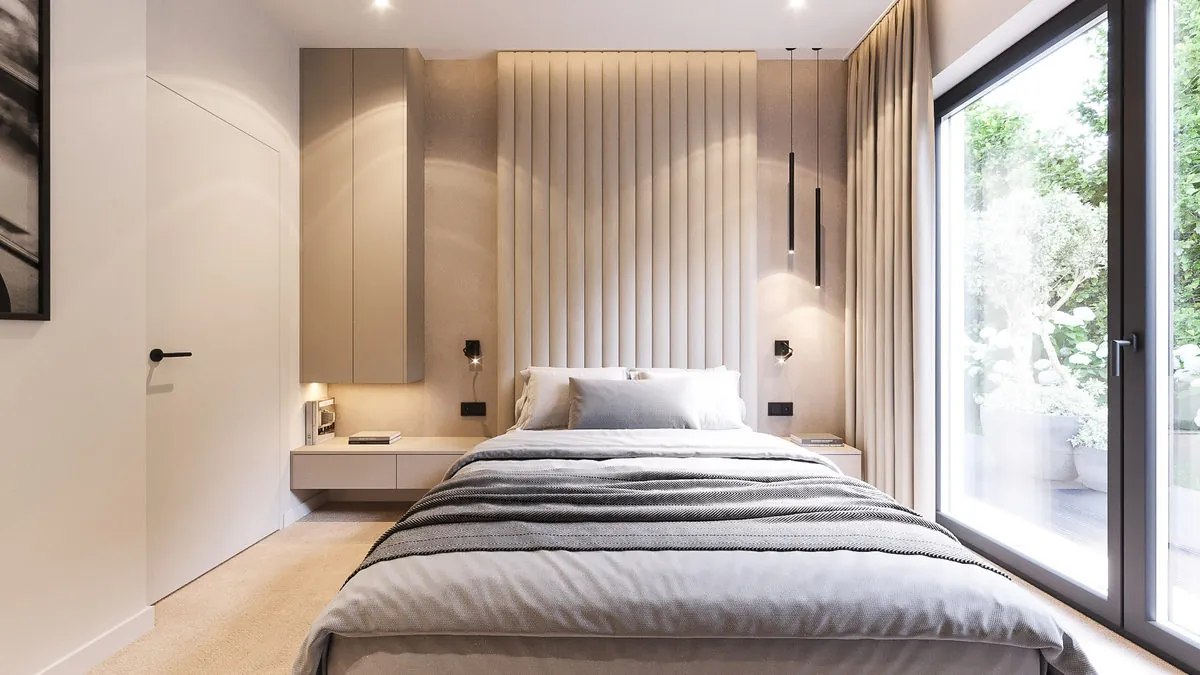 Sypialnia z tapicerowaną ścianą. Projekt wnętrza domu, Warszawa | FILAR MY PROJECT