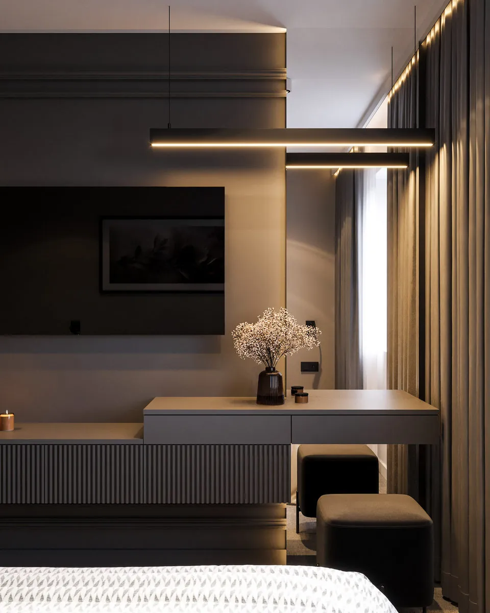 Biurko pod lampą w sypialni. Projekt wnętrza mieszkania, Włodawa | FILAR MY PROJECT