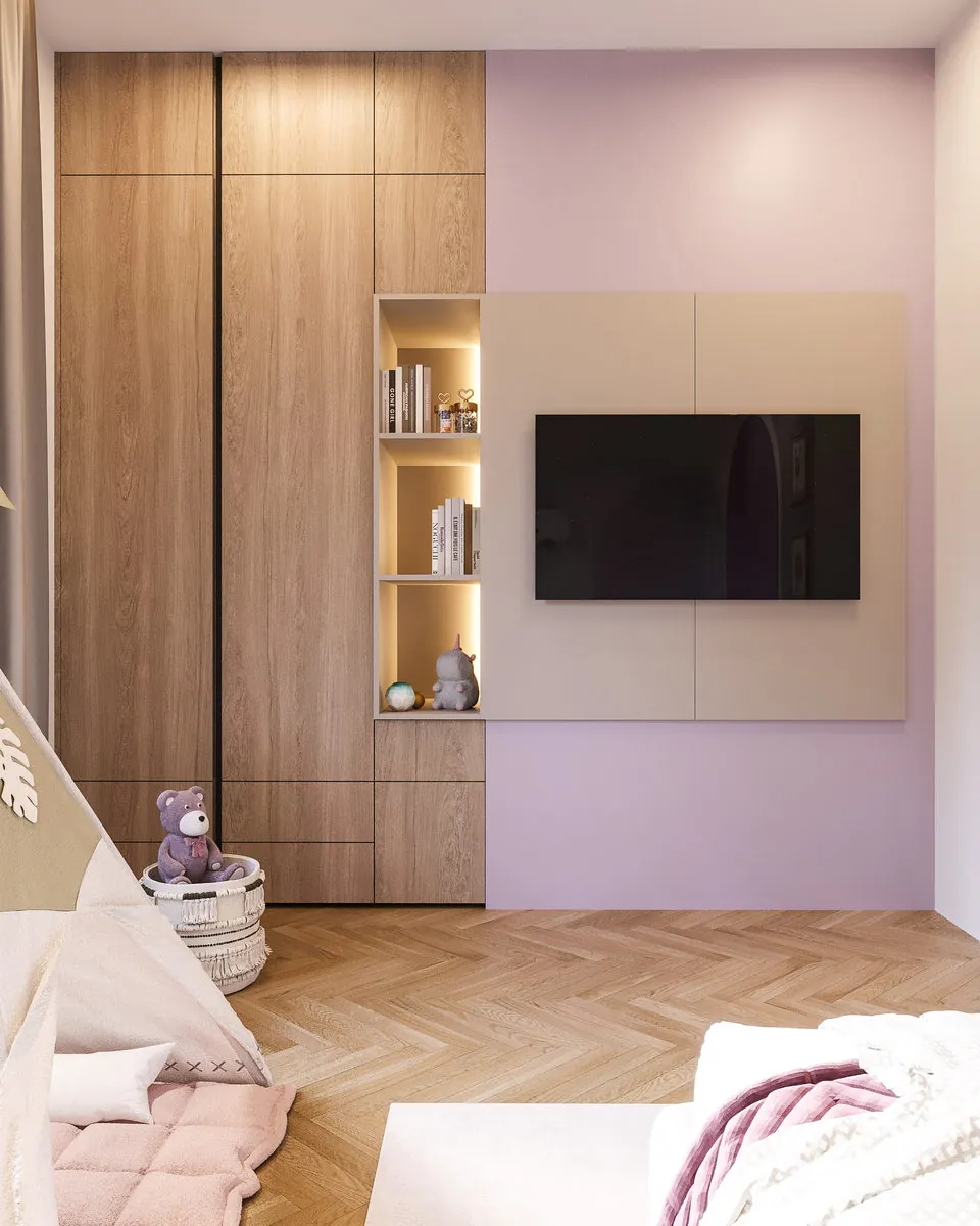 Telewizor i półki w pokoju dziecięcym. Projekt wnętrza domu, Zielonka | FILAR MY PROJECT